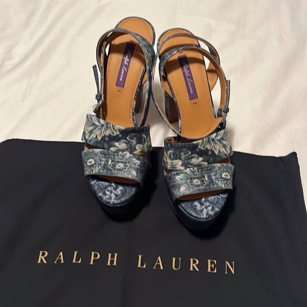 Ralph Lauren Purple Label Printed Denim Floral Strappy Platform Open Toe Sandal